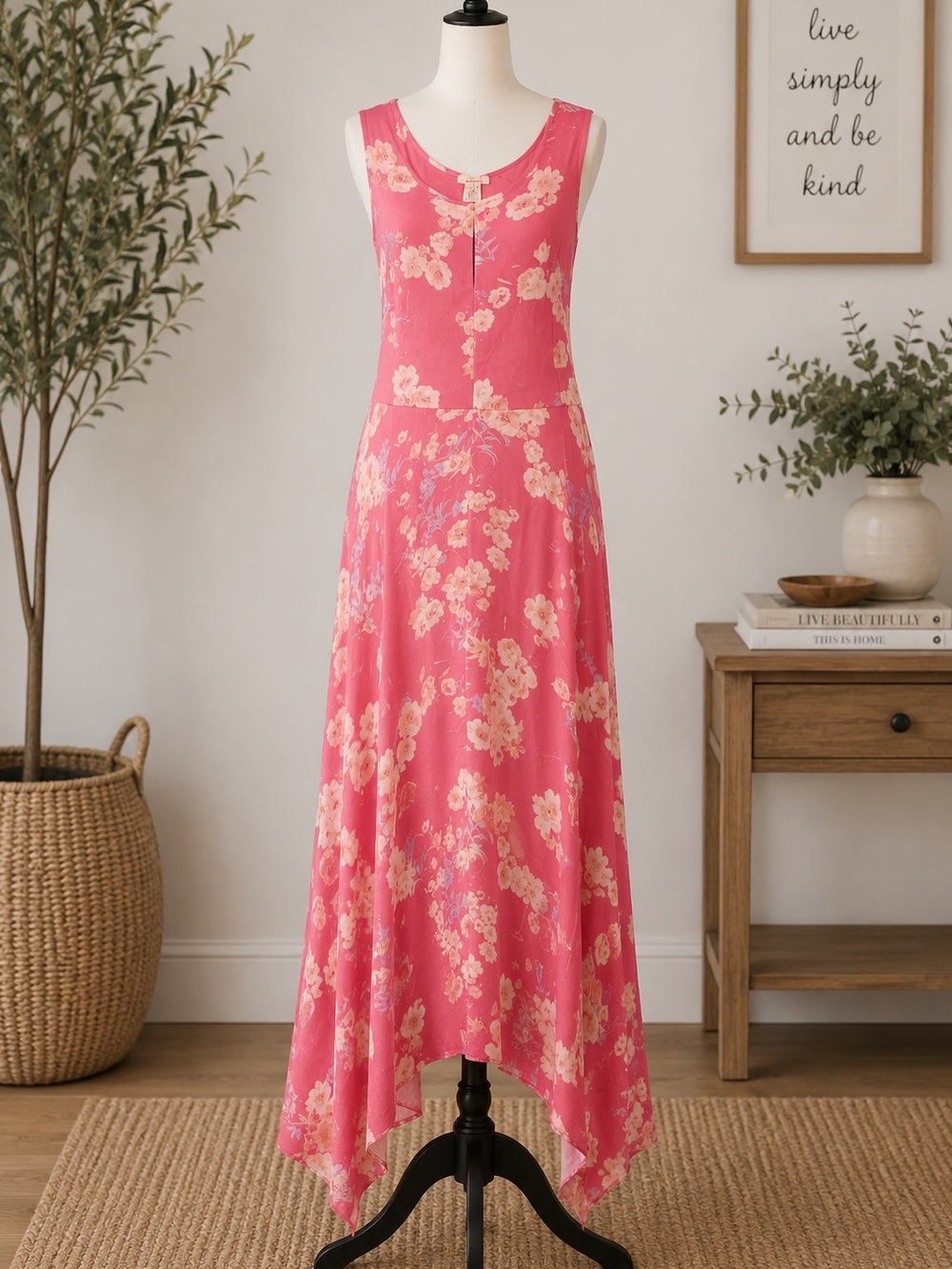 Sundance Maxi Dress Size 4 Coral Pink Floral Sleeveless Keyhole Asymmetrical Hem